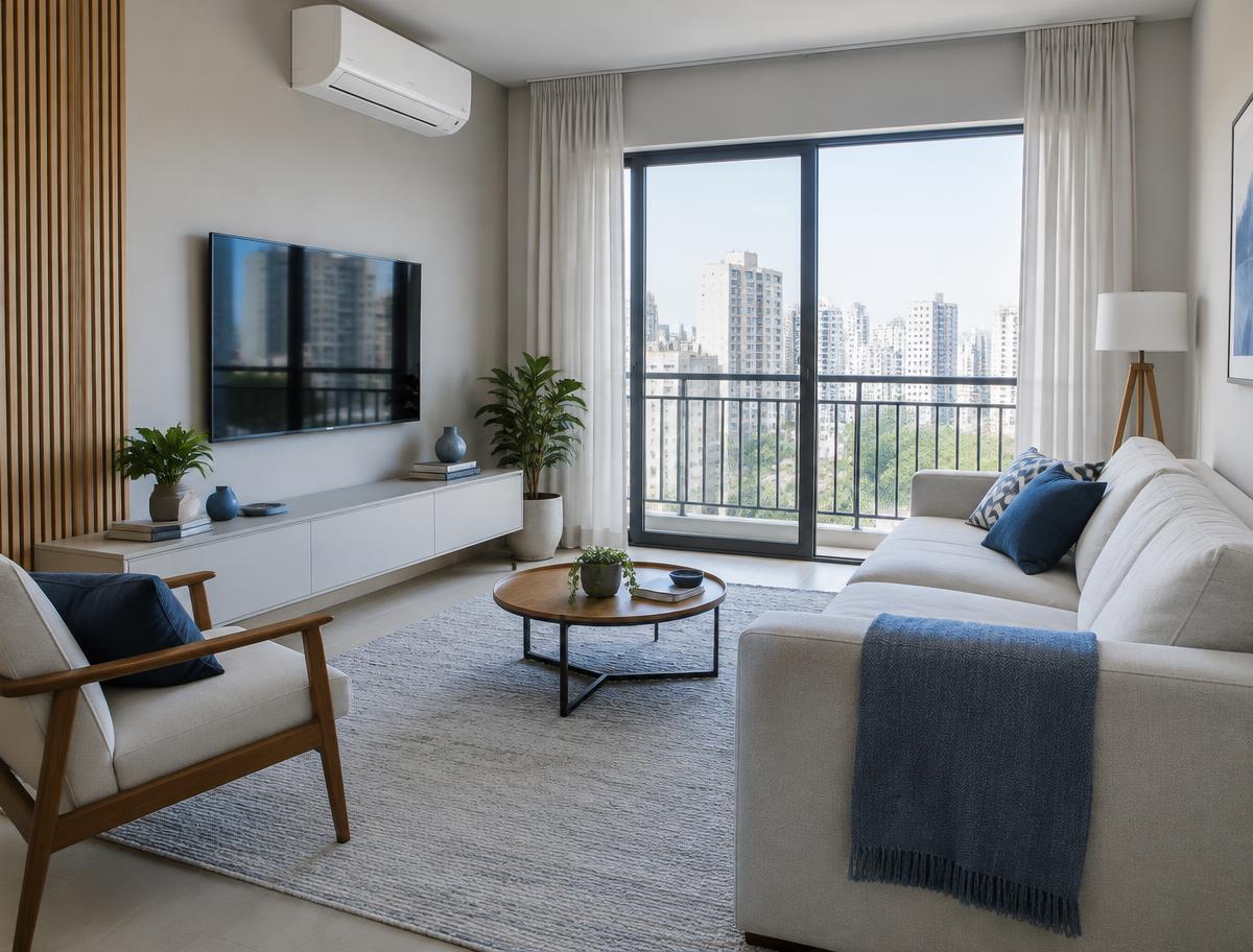 Sala de apartamento climatizada com ar-condicionado split